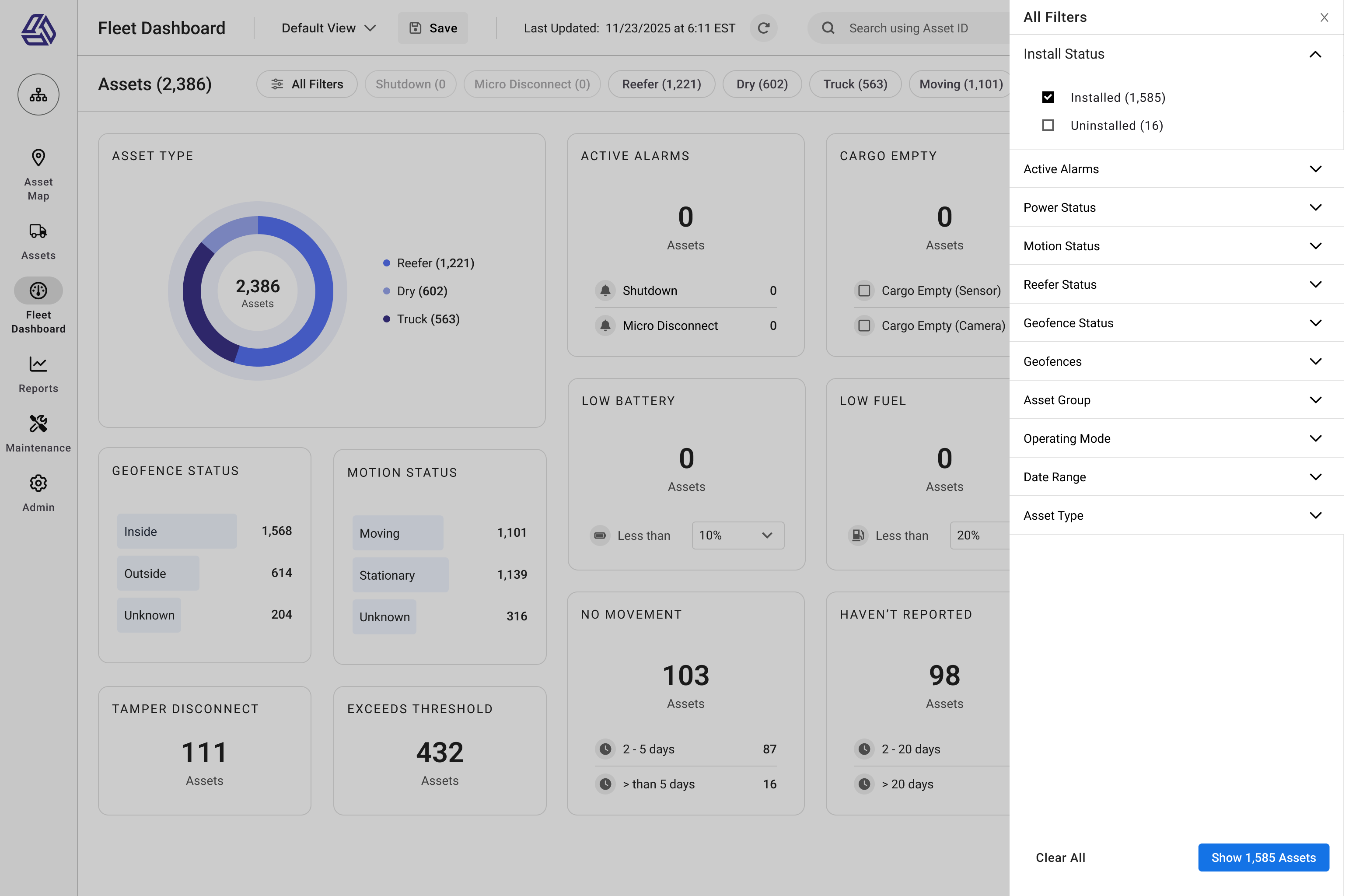 Fleet dashboard with no active alarms and the filter panel open, showing options to refine results by motion, geofence, alarm type, and other parameters.